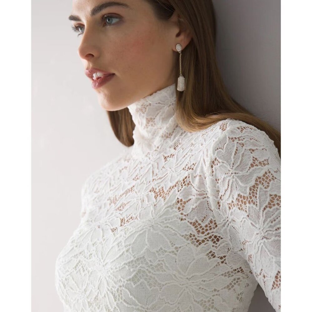 WHBM White House Black Market Lace Turtleneck Top Blouse Small Y2K 90s Fitted - Picture 2 of 7